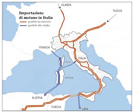 Ipotesi di percorso, secondo il progetto Galsi, del nuovo metanodotto Algeria-Sardegna-Italia, con possibile diramazione in Corsica. I tal caso, il progetto coinvolgerebbe anche la Francia 