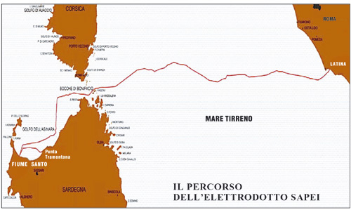 Il percorso dell'elettrodotto Sapei (Sardegna-Penisola italiana), da Fiume Santo, nel Golfo dell'Asinara, a Latina, sulla costa laziale